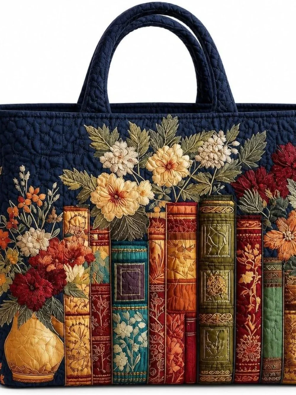 Quilted Tote Bag for Women, Open Top Bookish Floral Shoulder Bag, Gifts for Book